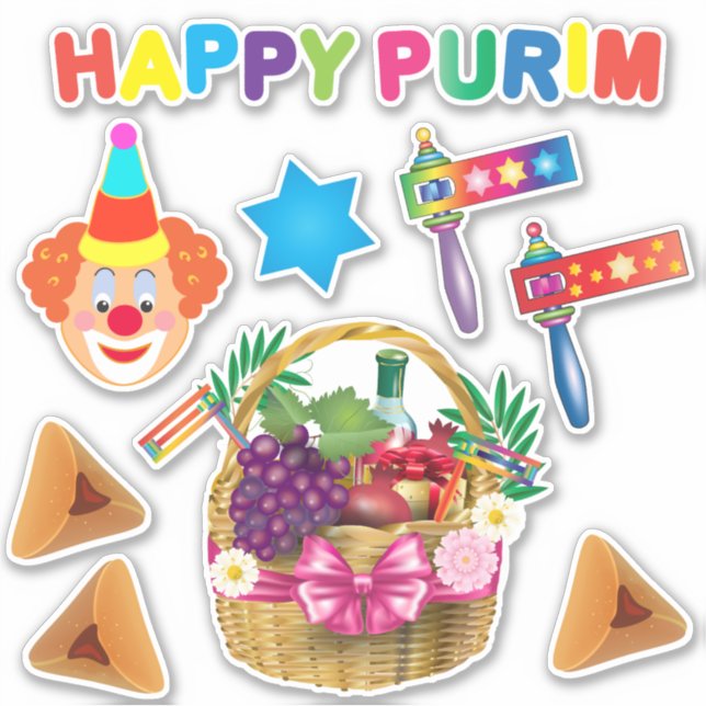 Happy Clowns Purim Festival Party Carnival Symbols Sticker (Front)