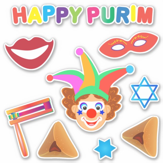 Happy Clowns Purim Festival Party Holiday Symbols Sticker (Front)