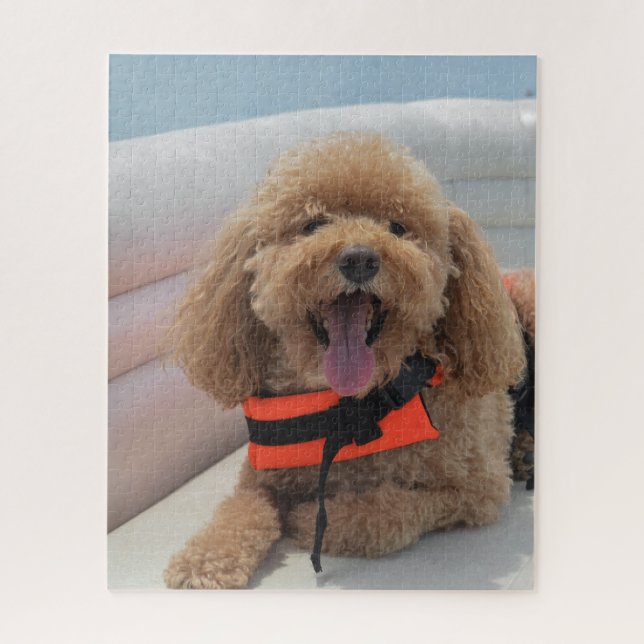 Happy Cockapoo Dog On Pontoon Boat Smiles Jigsaw Puzzle (Vertical)