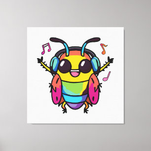 Happy cockroach with headphones listening to music canvas print