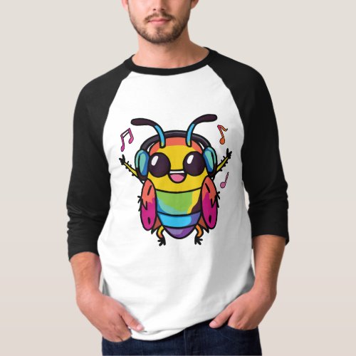 Happy cockroach with headphones listening to music T_Shirt