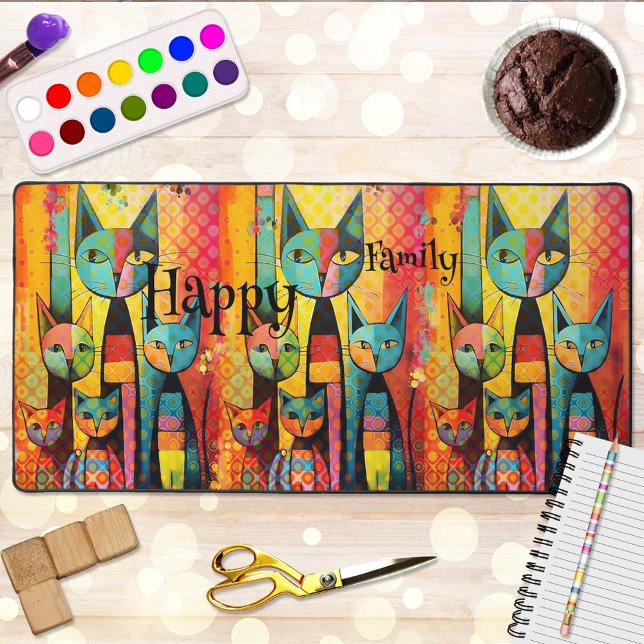 Happy Colorful Cat Family Desk Mat (A colorful design desk mat featuring an abstract cat family. Nice for a cat lover and for kids.)