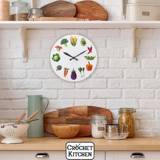 Happy Colorful Crochet Vegetable Mushroom Collage  Large Clock (Creator Uploaded)
