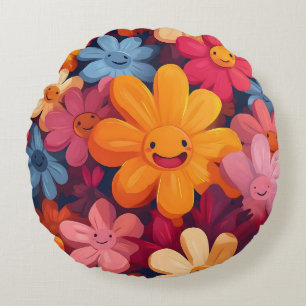 Happy Colorful Flowers Pattern Round Pillow