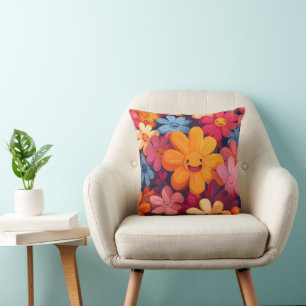 Happy Colorful Flowers Pattern Throw Pillow