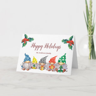 Happy colorful gnomes elegant script holiday card