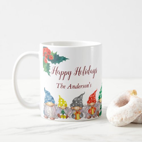 Happy colorful gnomes elegant script holiday coffee mug