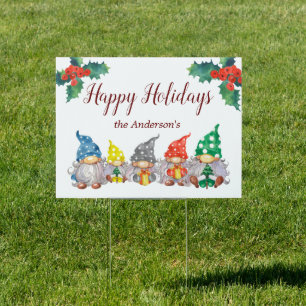 Happy colorful gnomes elegant script yard sign