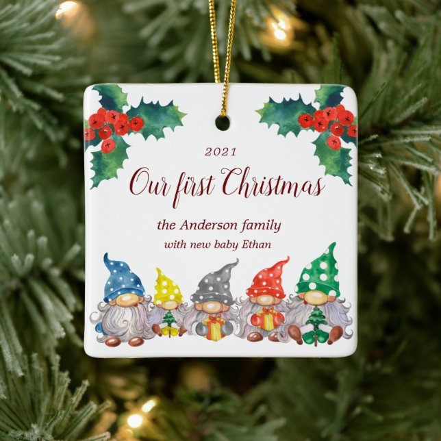 Happy colorful gnomes first Christmas photo Ceramic Ornament (Tree)