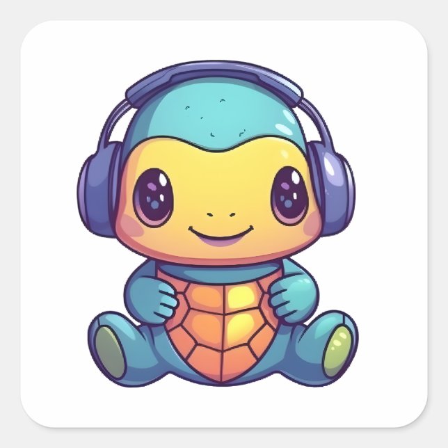 Happy Colorful Kawaii Turtle Wearing Headphones Square Sticker (Front)