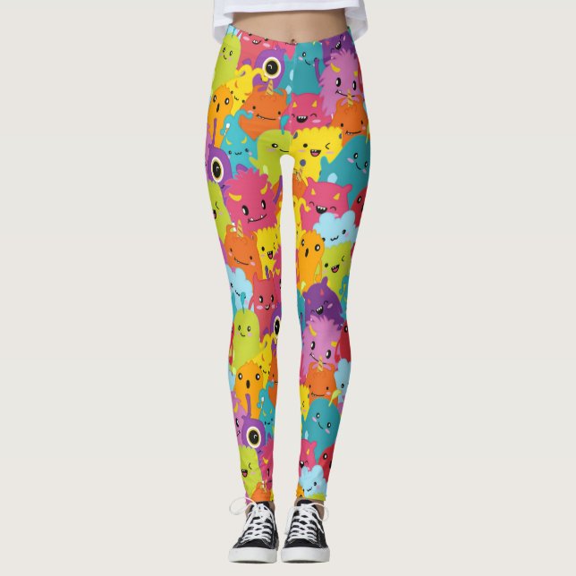 Happy Colorful Monsters Pattern Leggings (Front)