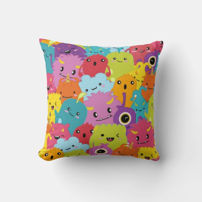 Happy Colorful Monsters Pattern Throw Pillow (Front)