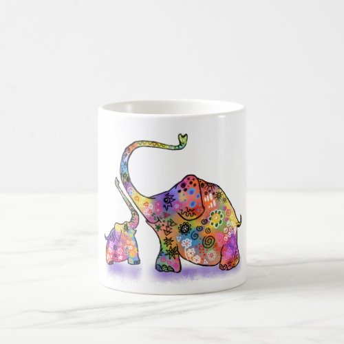 Happy Colorful Mother and Baby Elephant _ Drawing  Coffee Mug