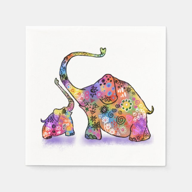 Happy Colorful Mother and Baby Elephant - Drawing  Napkins (Front)