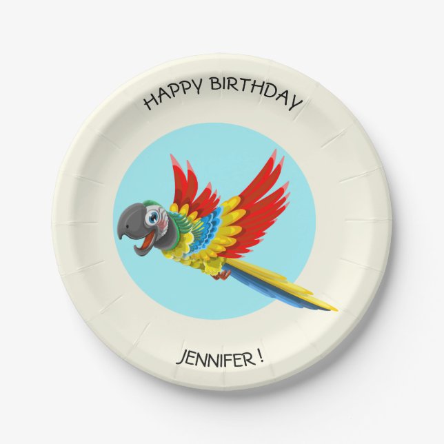 Happy colorful parrot cartoon kids birthday name paper plates (Front)