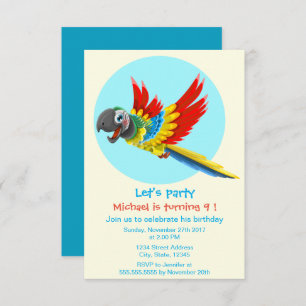 Happy colorful parrot cartoon kids birthday party invitation