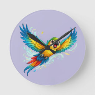 Happy Colorful Parrot in Flight Kawaii Bird Design Round Clock