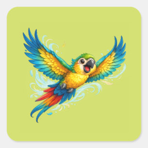 Happy Colorful Parrot in Flight Kawaii Bird Design Square Sticker