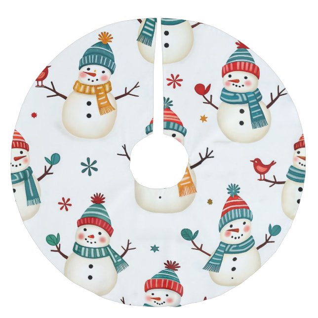 Happy colorful snowmen brushed polyester tree skirt (Front)
