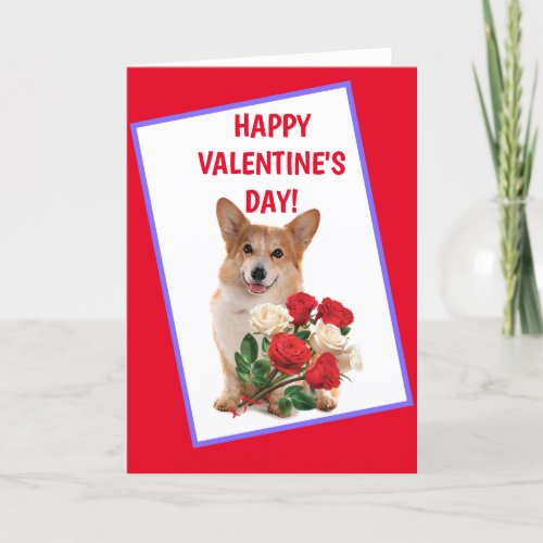 Happy Corgi And Roses Valentine Holiday Card