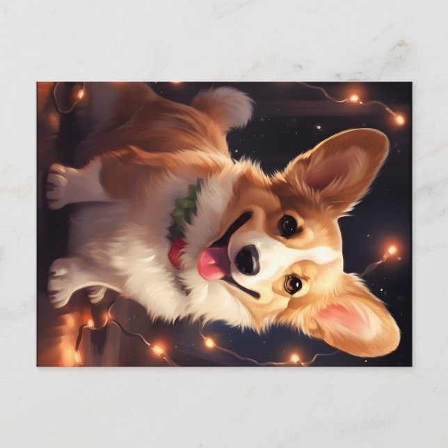 Happy Corgi Christmas lights Holiday Postcard (Front)