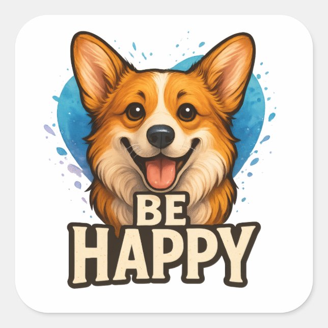  Happy Corgi Cute Dog Lover Design for Positive Square Sticker (Front)