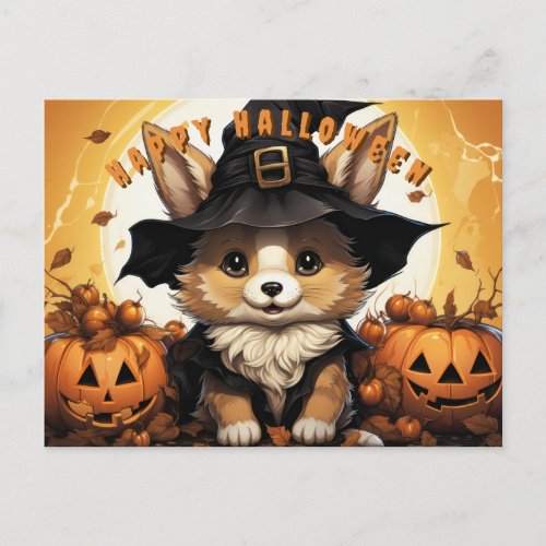 Happy Corgi Pumpkin Halloween Holiday Postcard