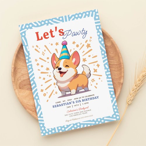 Happy Corgi Puppy Pawty Birthday  Invitation