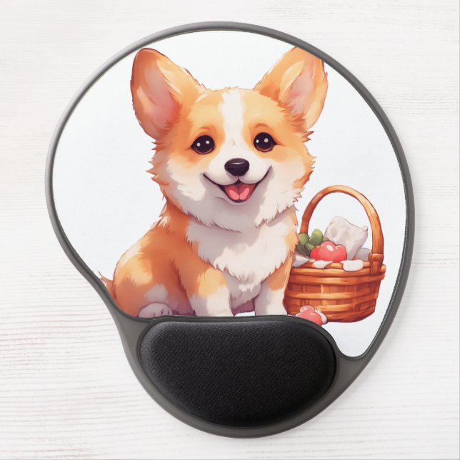 Happy corgi with a picnic basket gel mouse pad (Front)