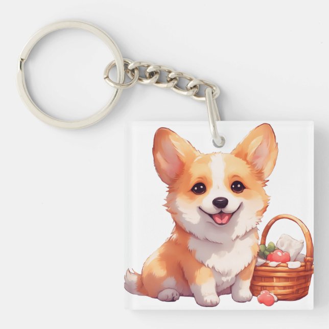 Happy corgi with a picnic basket keychain (Front)