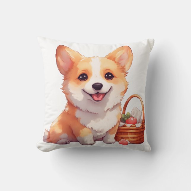 Happy corgi with a picnic basket throw pillow (Front)