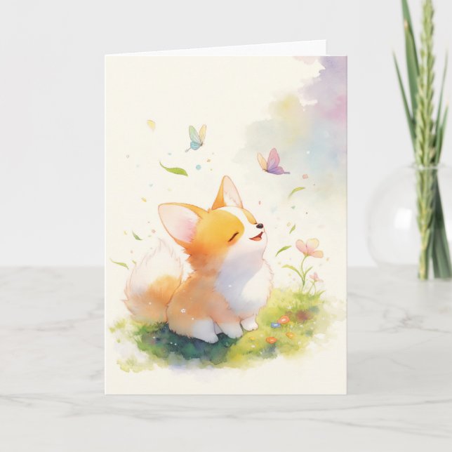 Happy Corgi with Butterfly Dance Card (Front)