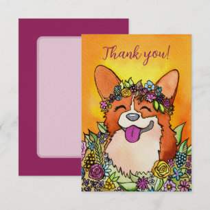 Happy Corgi With Flowers Thank You Card