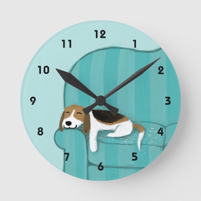 Happy Couch Beagle - Cute Puppy Dog Design Round Clock (Front)