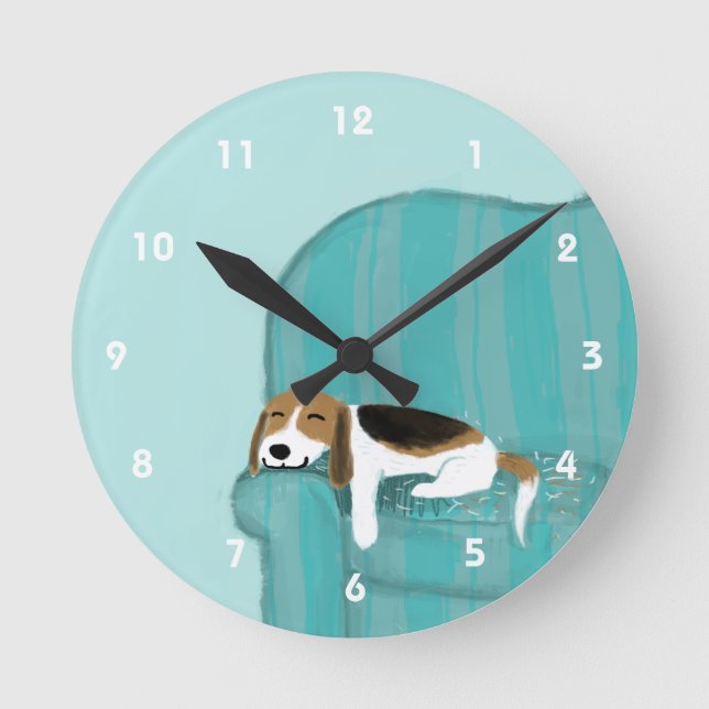 Happy Couch Beagle - Cute Puppy Dog Design Round Clock (Front)