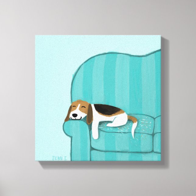 Happy Couch Beagle | Cute Sleeping Dog | Pet Art Canvas Print (Front)