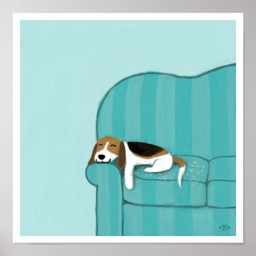 Happy Couch Beagle  Cute Sleeping Dog  Pet Art Poster