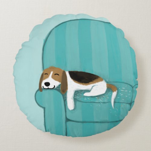 Happy Couch Beagle  Cute Sleeping Dog  Pet Art Round Pillow