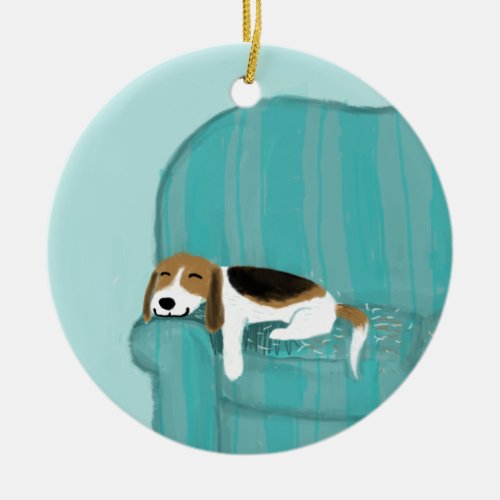 Happy Couch Dog  Cute Beagle Pet Lovers Holiday Ceramic Ornament