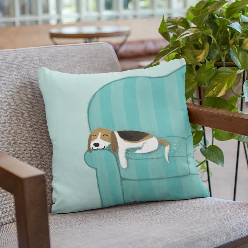 Happy Couch Dog _ Cute Beagle Relaxing on Sofa Throw Pillow