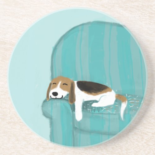 Happy Couch Dog _ Cute Beagle Sleeping  Pet Art Coaster
