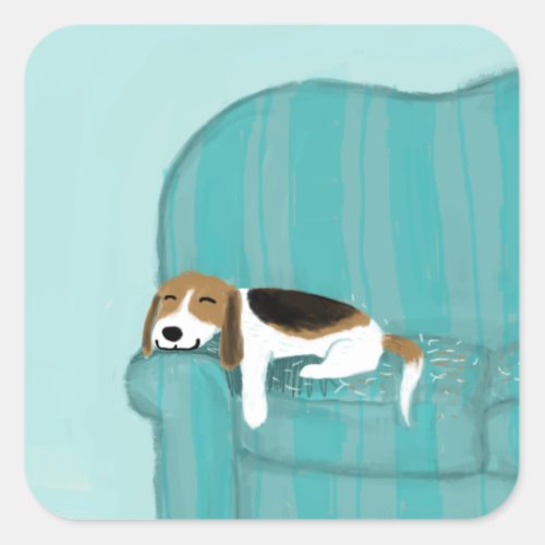 Happy Couch Dog _ Cute Beagle Sleeping  Pet Art Square Sticker