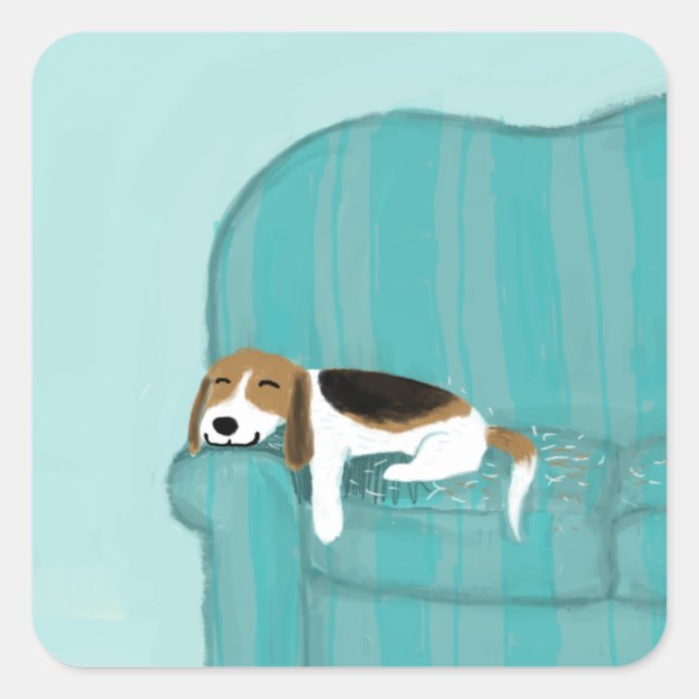 Happy Couch Dog - Cute Beagle Sleeping | Pet Art Square Sticker (Front)