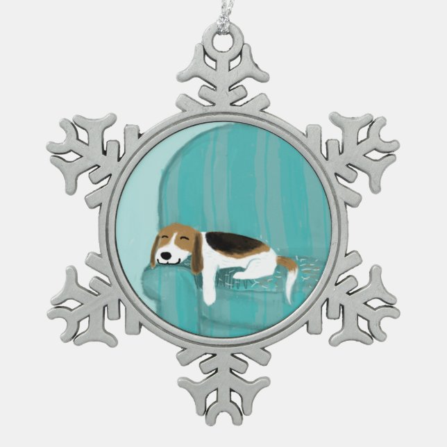 Happy Couch Dog - Cute Sleepy Beagle Holiday Snowflake Pewter Christmas Ornament (Front)