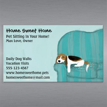 Happy Couch Dog | Pet Sitting | Animal Services Magnetic Business Card by jennsdoodleworld at Zazzle