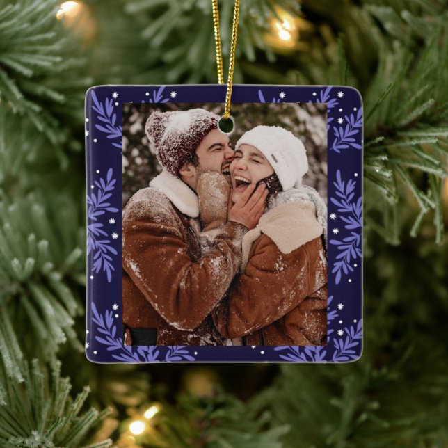 Happy Couple CUSTOM Navy Blue Christmas Ceramic Ornament (Tree)
