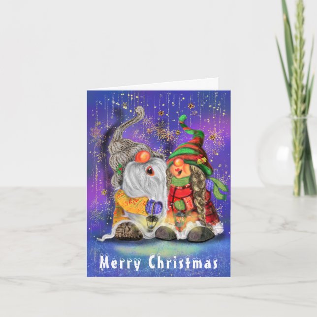 Happy Couple Gnomes Singing Christmas Card (Front)