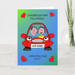 Happy couple, passed driving test card