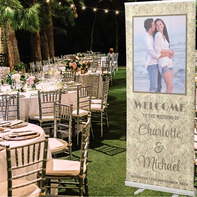 Happy Couple Photo Gold Bronze Wedding Welcome Retractable Banner (Alfresco Wedding Reception)