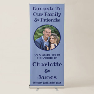 Happy Couple Photo Pastel Blue Wedding Welcome Retractable Banner